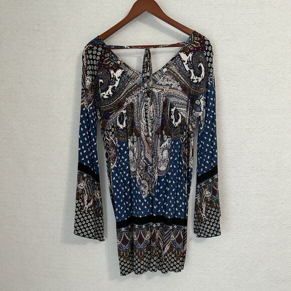 Velzera Mini Dress Women M Blue Multi Paisley TieBack Boho Peasant Gypsy Cottage - Picture 16 of 16